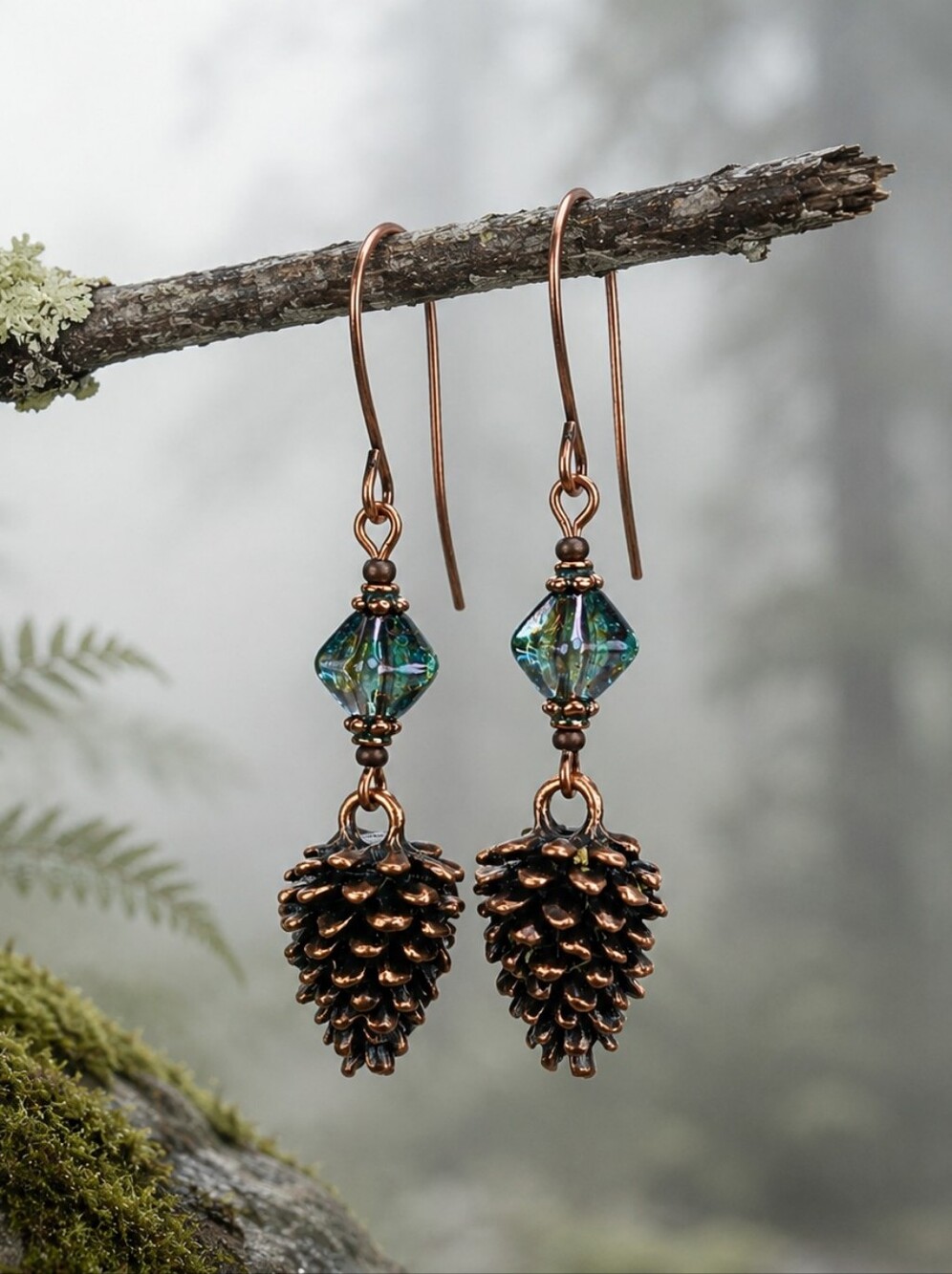 Copper Pinecone Earrings Teal Czech Glass Woodland Nature Jewelry Hand Crafted